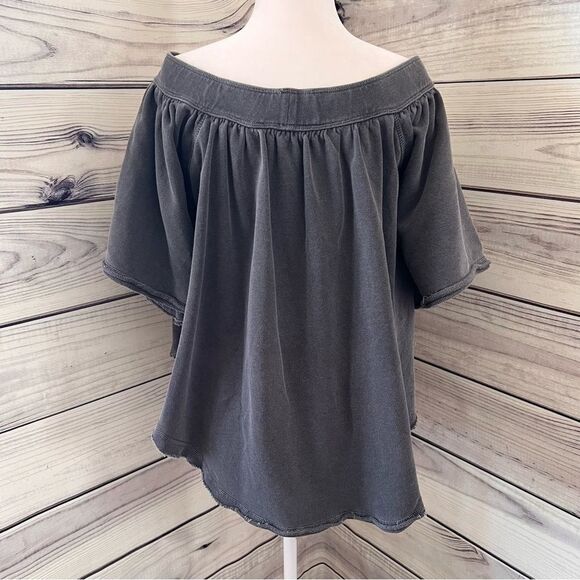 Free People Grey Oversized Off Shoulder Raw Edge Sweatshirt Top - Picture 11 of 14
